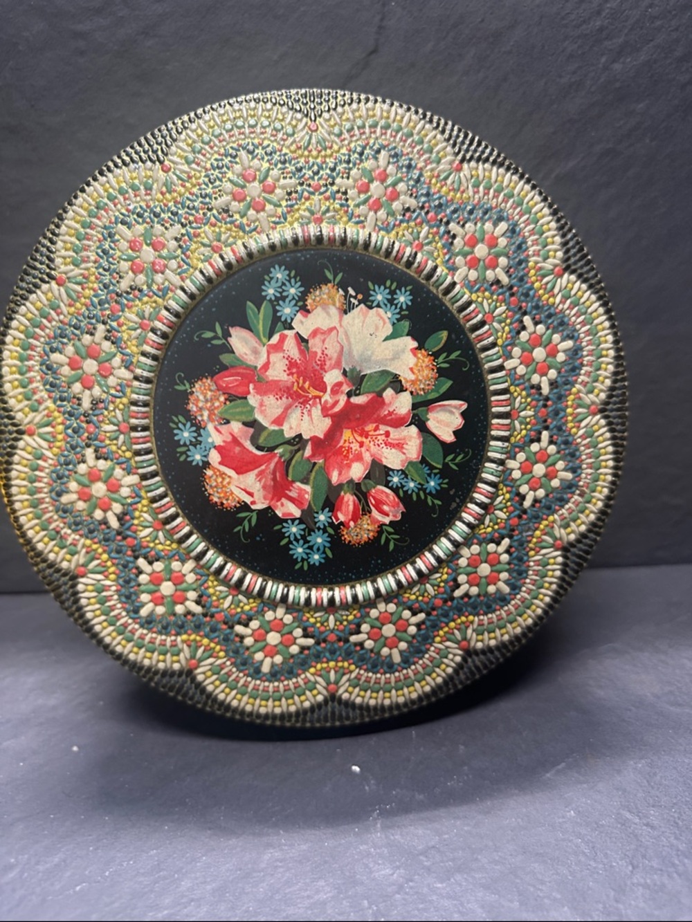 Dutch Holland Vintage Biscuit Tin Mosaic Floral Embossed Metal Cookie